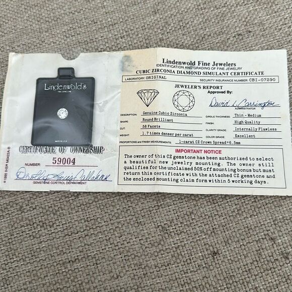 Vtg 1-Carat CZ Crown Spread 6.5MM Stone Lindenwold Jewelers with Certificate - Picture 7 of 7